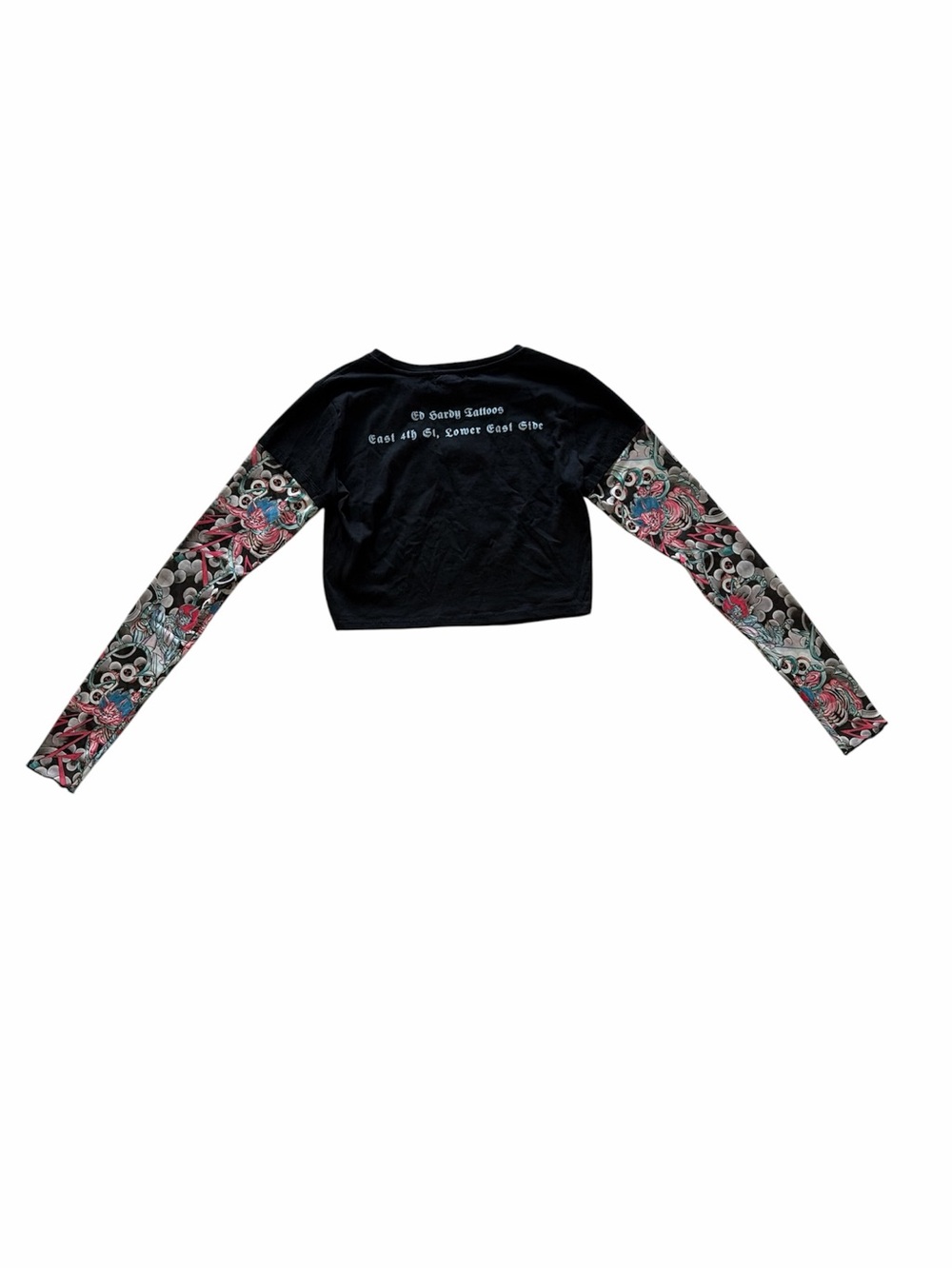 Ed Hardy Grunge Koi Fish Tattoo Y2K Black Crop Tee with mesh sleeves - Picture 3 of 4